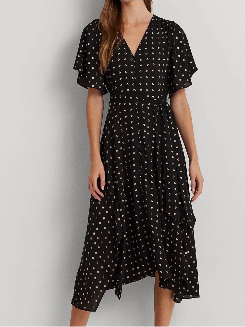 NWT LAUREN RALPH LAUREN SIZE 12 Geo-Print Crepe Flutter sleeve midi dress black